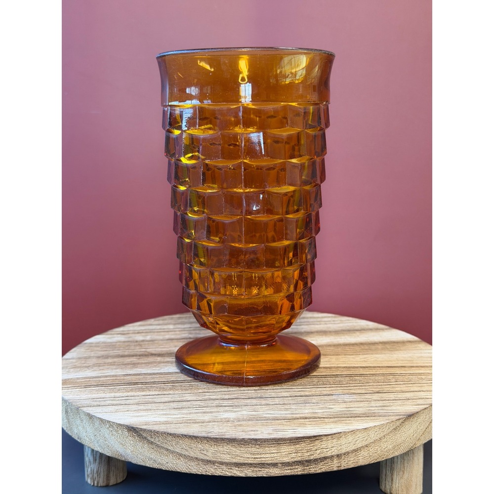 Vintage Amber Indiana Glass Footed Tumbler Whitehall Cubist Pattern Mid Century